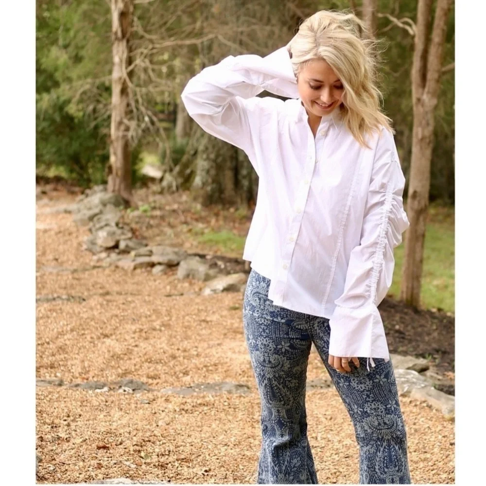 Free People Brown Eyed Girl White Poplin Boyfriend Ruched Sleeves Blouse Shirt